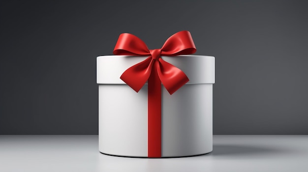 Caja de regalo blanca con un lazo rojo sobre un fondo gris