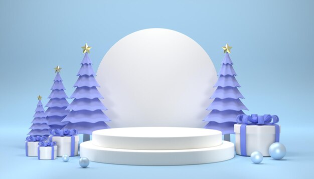 Caja de regalo blanca de renderizado 3D con árbol de navidad sobre fondo azul