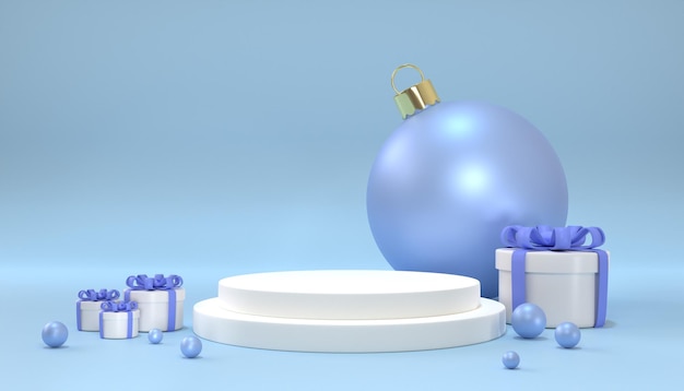 Caja de regalo blanca de renderizado 3D con árbol de navidad sobre fondo azul