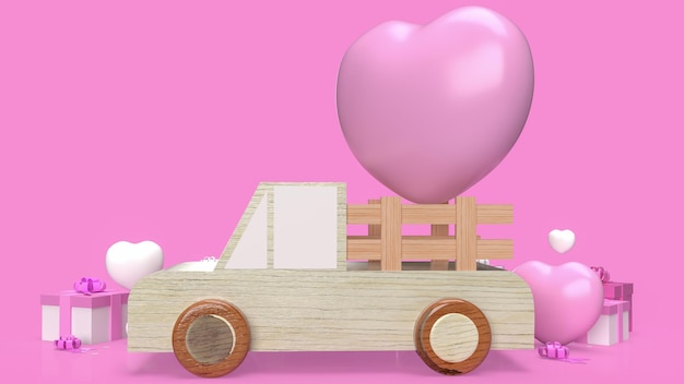 Caja de regalo y camión de madera para la representación 3d del concepto de san valentín