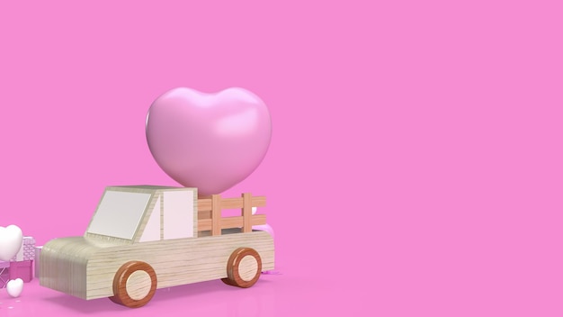 Caja de regalo y camión de madera para la representación 3d del concepto de san valentín