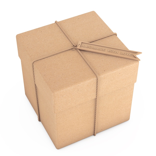 Caja de regalo de cartón con cuerda y etiqueta artesanal de madera con signo de amor hecho a mano sobre un fondo blanco. Representación 3D