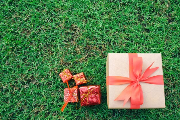 Caja de regalo en el césped verde para la Navidad.