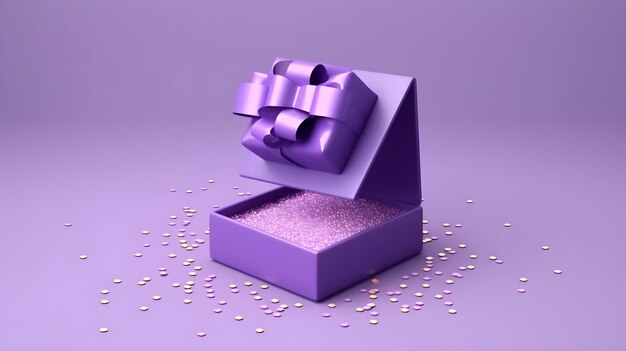 Caja de regalo con cinta y fondo violeta generado por ai