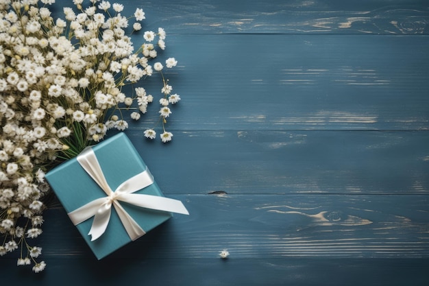 caja de regalo con una cinta y un lazo sobre fondo azul.