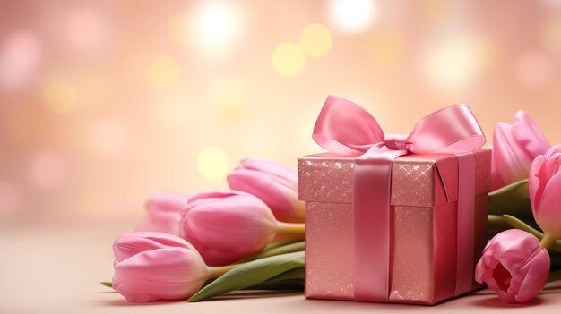 Caja de regalo con una cinta y un lazo de tulipanes rosados de fondo para el Día de San Valentín Día de las Madres