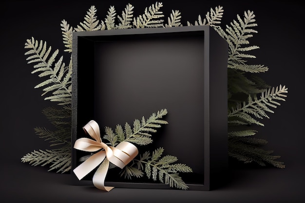 Caja de regalo con cinta negra y ramita de árbol de navidad Generative Ai