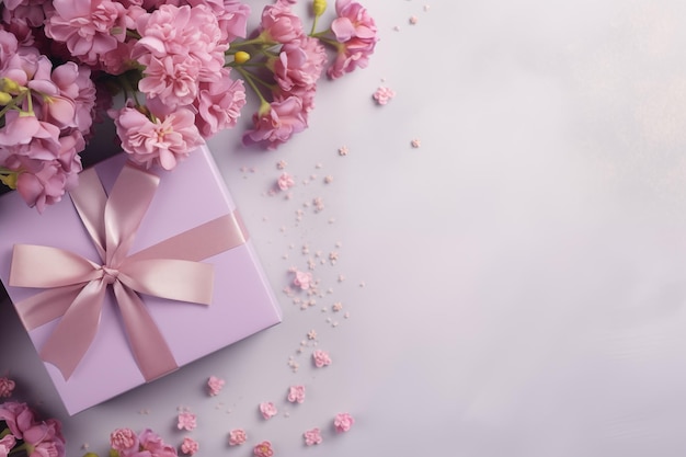 Caja de regalo con cinta y un ramo de hermosas flores rosadas sobre fondo blanco Espacio para el texto