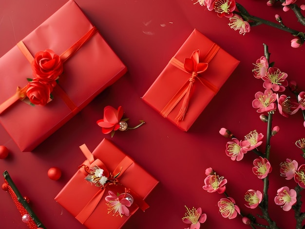 Caja de regalo con cinta Tema de vacaciones con fondo decorativo Caja de regalos elegantemente envuelta