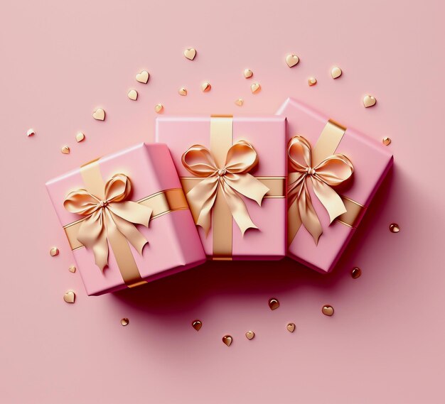caja de regalo de color rosa con cinta dorada, ilustración de ai generada