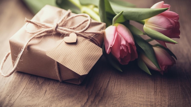 Una caja de regalo con un corazón y un ramo de flores sobre una mesa.