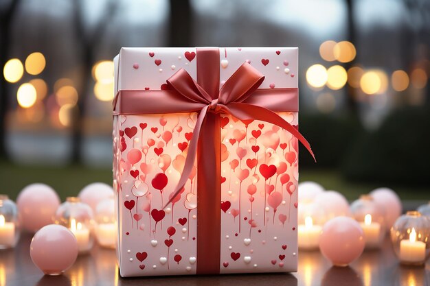 Caja de regalo con corazones y lazo rojo en el fondo del efecto bokeh