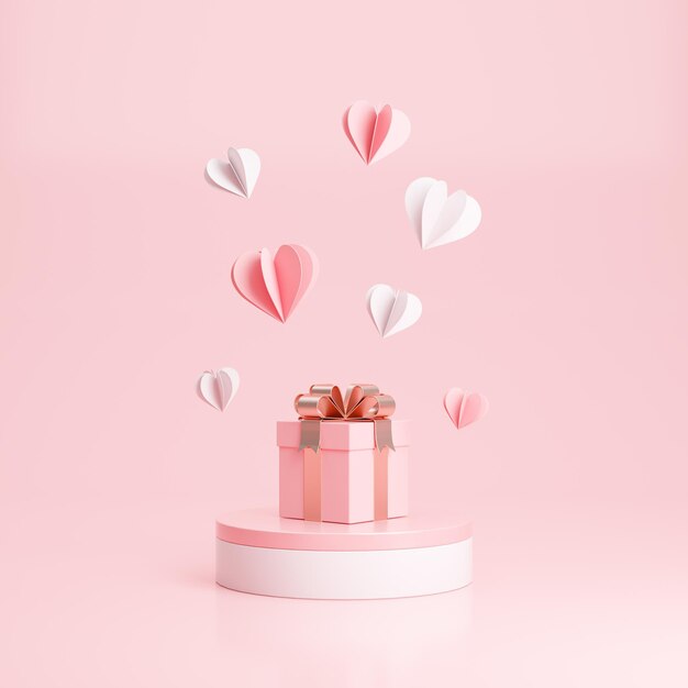 Caja de regalo con corazones de papel en pedestal Día de San Valentín Fondo de vacaciones Representación 3d
