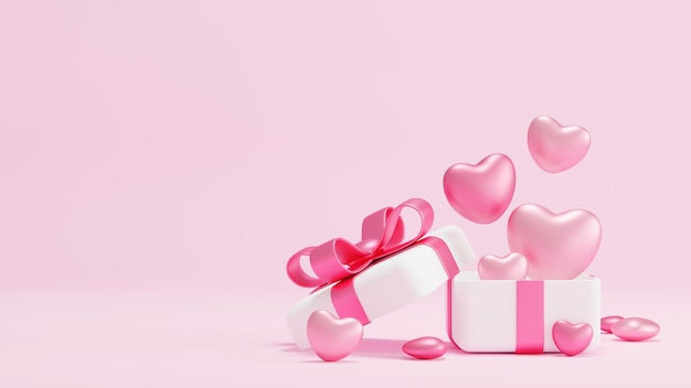 Caja de regalo con corazones sobre fondo rosa Día de San Valentín banner 3D render