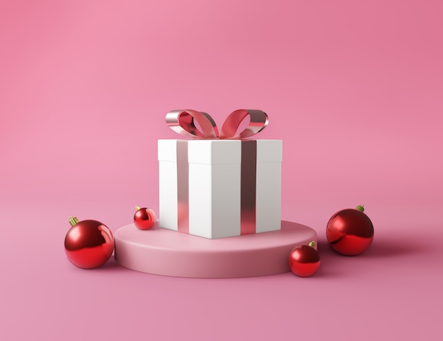 Caja de regalo cuadrada blanca y fondo rosa metálico dorado con lazo de cinta