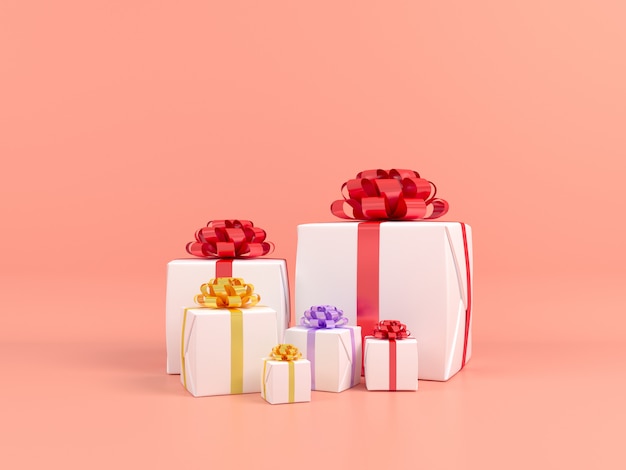 caja de regalo cuadrada y cinta amarilla roja rosa concepto 3d render pastel