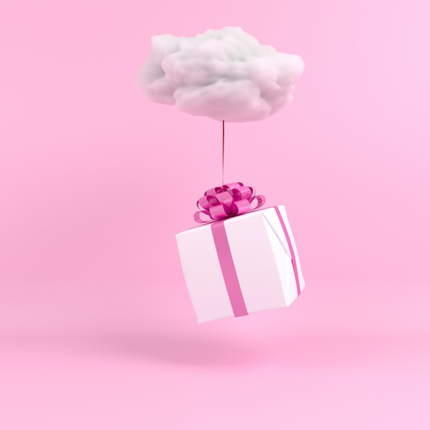 Caja de regalo cuadrada Volar en el aire nube blanca y cinta roja fondo rosa Concepto 3d render pastel