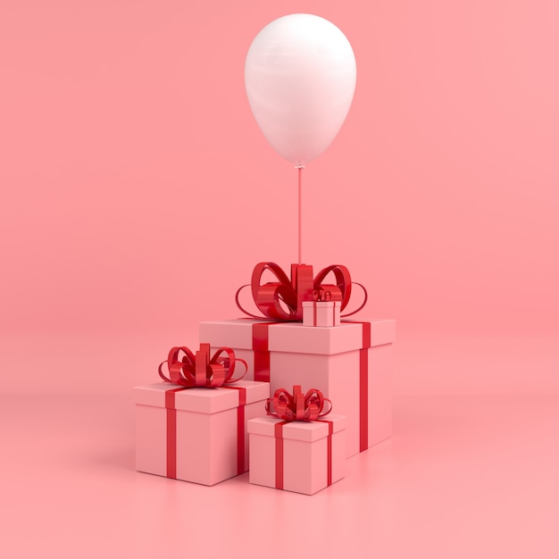 caja de regalo cuadrada Volar en globo de aire blanco y cinta roja fondo rosa. Concepto de pastel 3D render