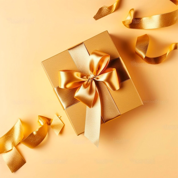 Caja de regalo dorada con cintas doradas sobre la mesa.