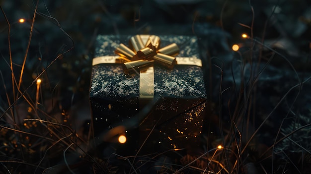 Caja de regalo dorada con elegante cinta de satén en fondo azul oscuro sorpresa festiva de vacaciones con San
