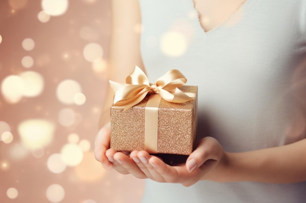 Caja de regalo dorada en manos de mujer en color beige con fondo de confeti IA generativa