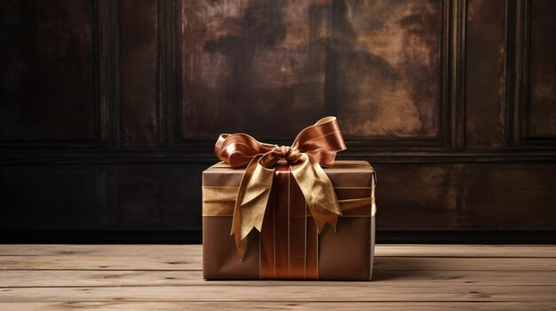 Foto una caja de regalo envuelta con un arco en una mesa de madera