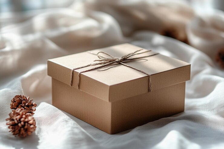 Caja de regalo envuelta con hilo en tela suave con conos de pino en un entorno sereno IA generativa