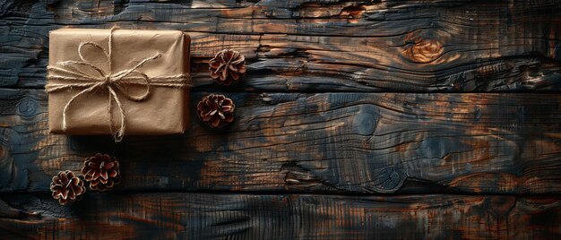 Foto caja de regalo en estilo vintage en tablas de madera y concepto navideño lugar para foto o texto espacio de copia vista superior