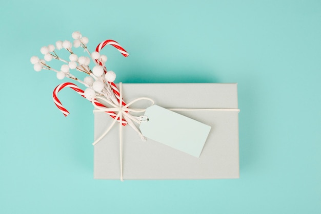 Caja de regalo con una etiqueta en blanco, bayas cubiertas de nieve y bastón de caramelo, vacaciones navideñas de invierno