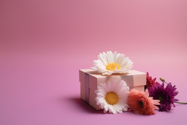 Caja de regalo y flores blancas de cinta en la mesa desenfoque de fondo rosa degradado y espacio de copia