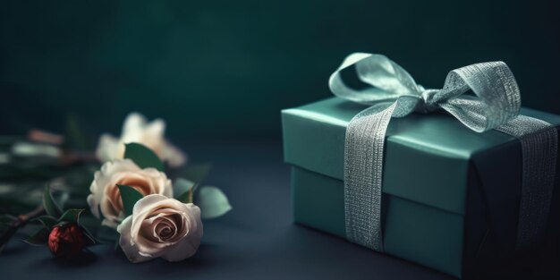 Caja de regalo y flores Rosas rosas y caja de regalo verde con cinta verde y lazo sobre un fondo verde