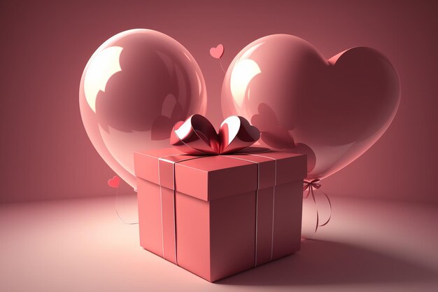 Una caja de regalo en forma de corazón con un globo en forma de corazón y un corazón en la parte superior.