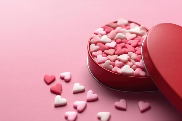 Caja de regalo en forma de corazón con pequeños corazones en espacio de copia rosa para el fondo de la tarjeta de felicitación del día de San Valentín