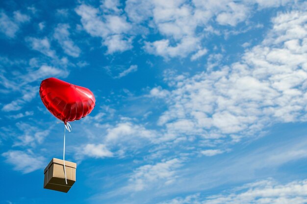 Foto caja de regalo con globo de corazón flotando en el cielo