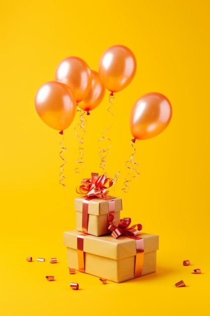 Caja de regalo con globos y serpentinas que salen de ella en fondo amarillo IA generativa