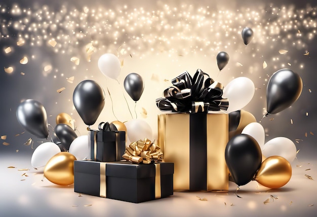 Caja de regalo con globos sobre fondo con confeti adecuada para cualquier día festivo, ventas de viernes negro y