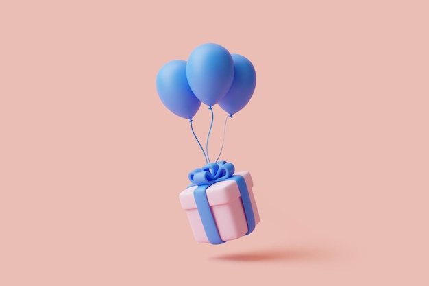 Foto caja de regalo y globos sobre fondo rosa pastel decoración navideña regalo festivo sorpresa 3d render