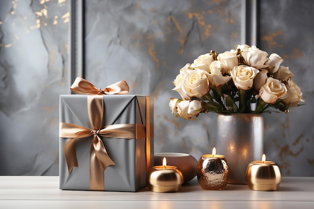 Caja de regalo gris con rosas de arco beige y velas en el interior IA generativa