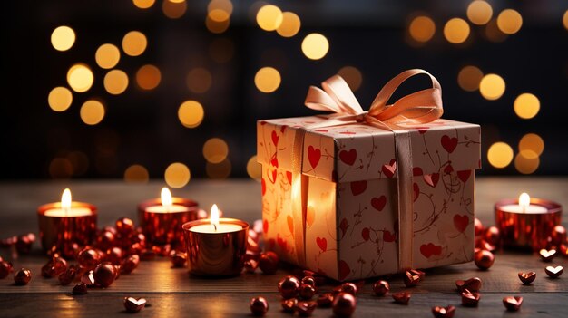 Caja de regalo con hermoso corazón sobre fondo de luces borrosas celebración del día de san valentín ai generativo