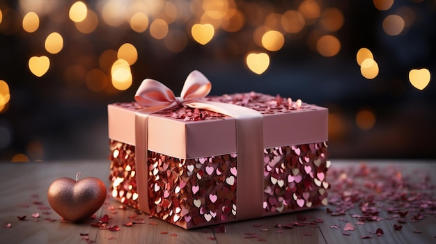 Caja de regalo con hermoso corazón sobre fondo de luces borrosas celebración del día de san valentín ai generativo