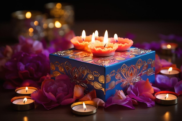 Caja de regalo de lámpara Diwali y flor sobre fondo oscuro