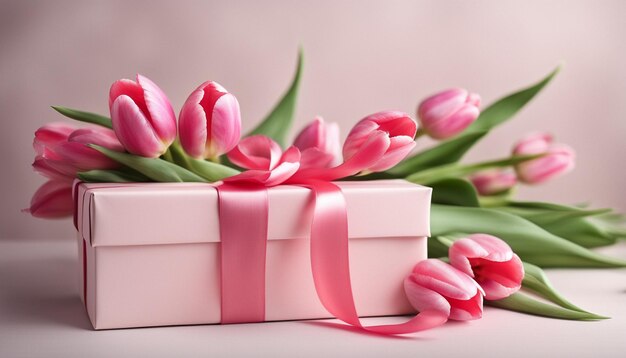 Caja de regalo con una larga cinta rosa y tulipanes en un fondo claro