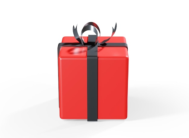 Caja de regalo con lazo de cinta roja y etiqueta en blanco aislado sobre fondo blanco 3d render