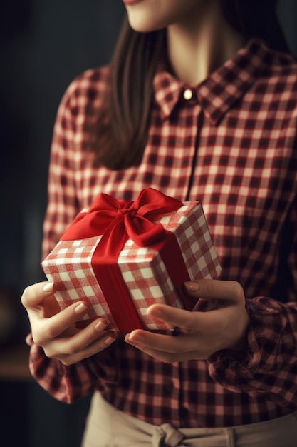 Caja de regalo con lazo de cinta roja en manos femeninas IA generativa