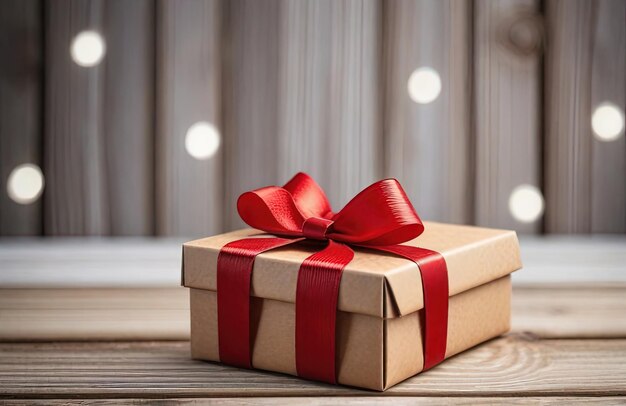 Caja de regalo con un lazo de cinta roja sobre un fondo de madera