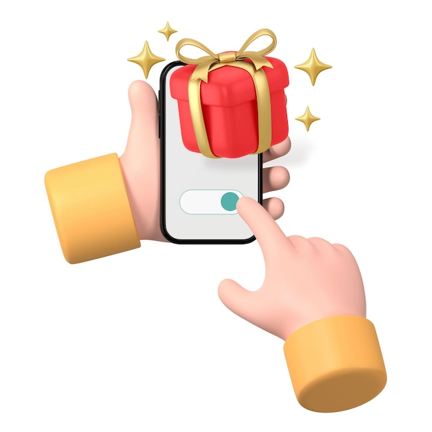 Caja de regalo en línea png 3D mano usando teléfono inteligente remix fondo transparente