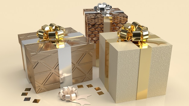 Caja de regalo de lujo en oro. Representación 3D.