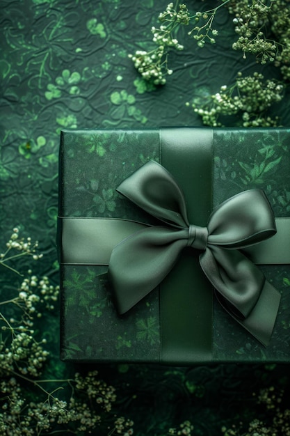 Caja de regalo de lujo verde con un arco brillante en un fondo de Shamrock gran área de copia