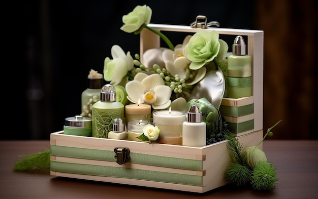 Caja de regalo de madera con productos de cosmética SPA para el cuerpo y el baño.
