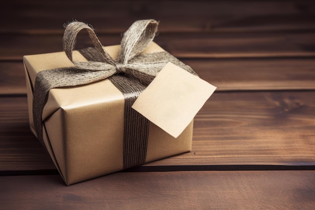 Una caja de regalo marrón con una cinta atada con un lazo sobre una mesa de madera.